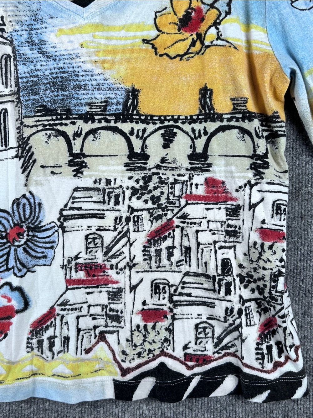 Chicos Scenic European City Landscape Floral 100% Cotton Top Size 2 US Large 12 - Picture 5 of 11